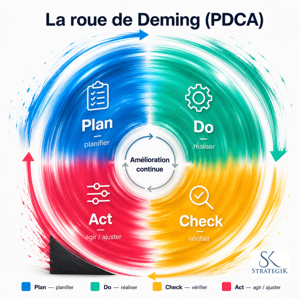 La roue de Deming (PDCA) avec ses 4 étapes Plan-Do-Check-Act et la cale de standardisation qui empêche la régression